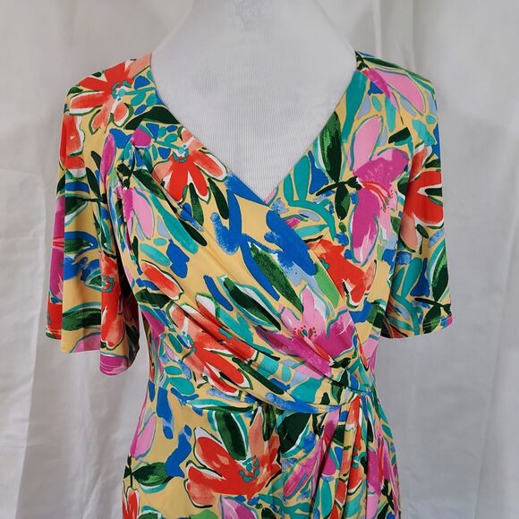 Maggy London Faux Wrap Dress Short Flutter Sleeves Womens Size 8 Colorful Floral - Picture 3 of 14